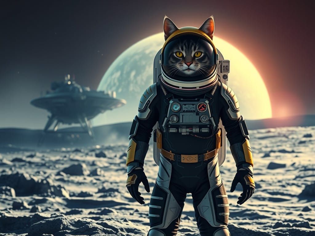 Futuristic Feline Astronaut Conquers Lunar Surface