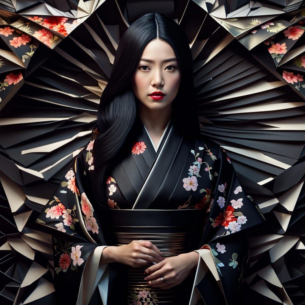 Girl in Origami Kimono with Japanese Background