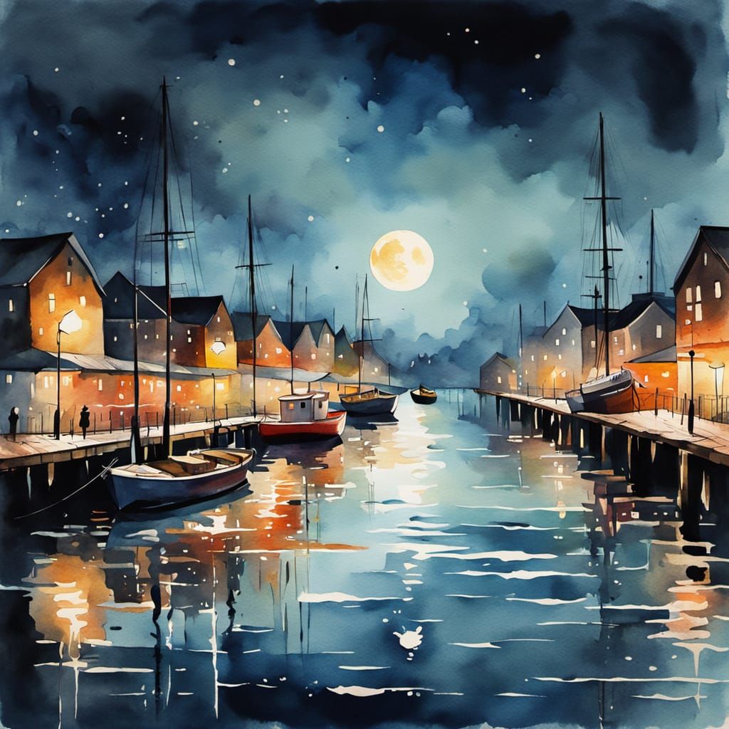 Moonlit Docks at Night in Watercolor Style