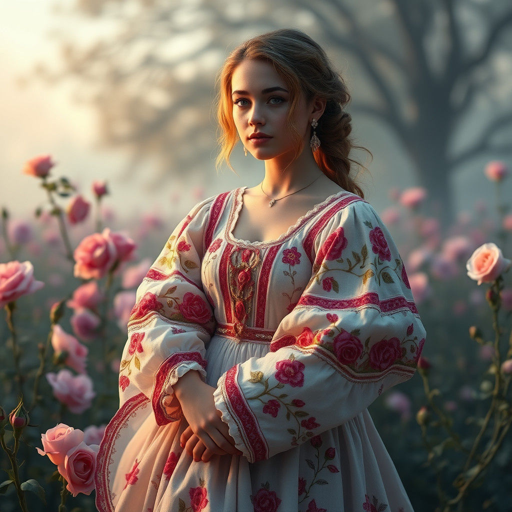 Young Woman in Romanian Dress in Rose Field