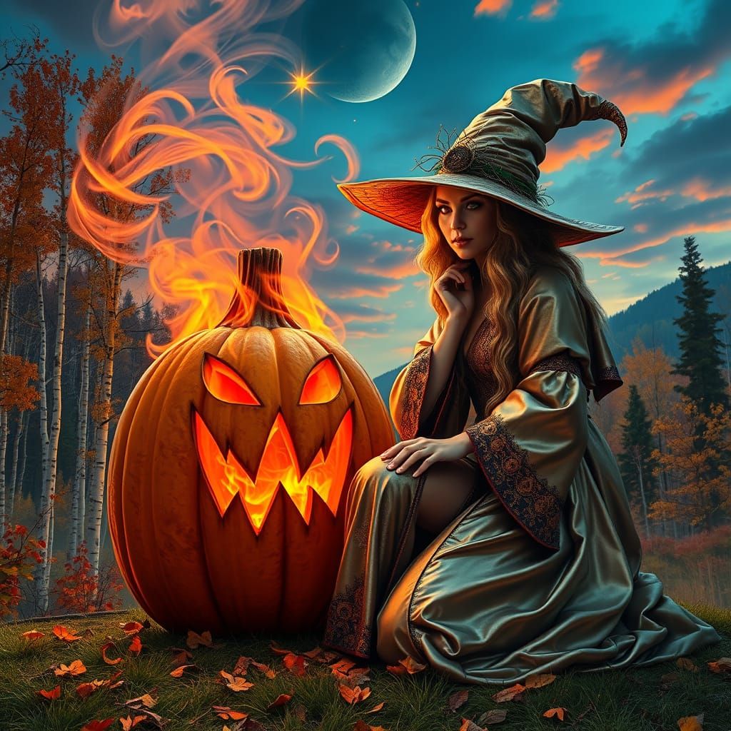 Gorgeous Witch in Metallic Robe with Jack o Lantern