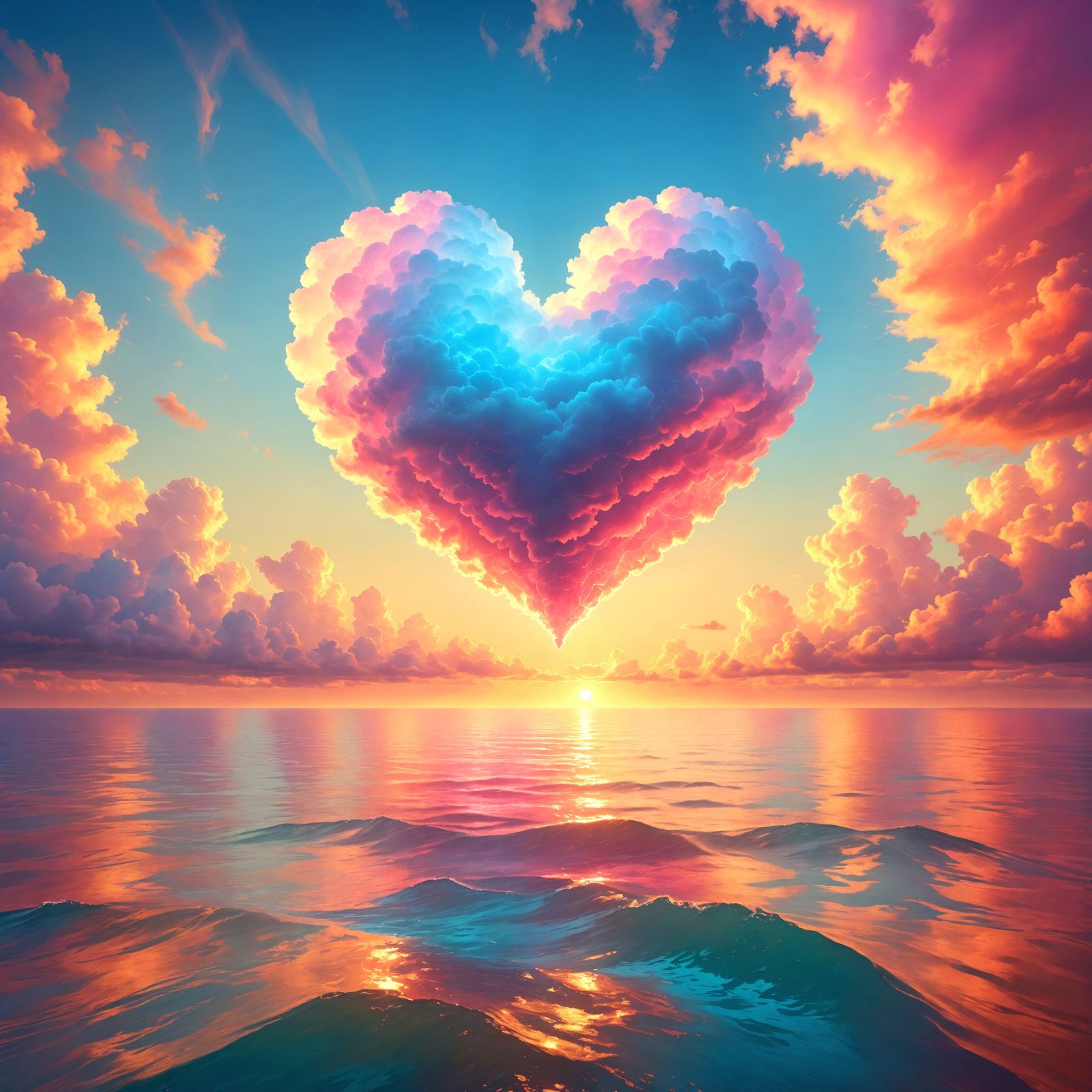 Heart Cloud over Calm Sea: Surreal Oil Painting