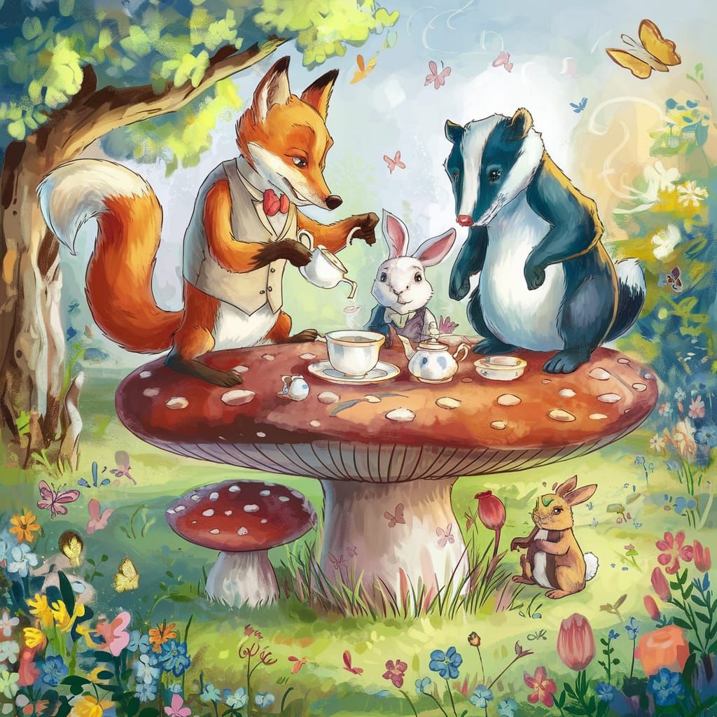 Woodland Creatures Tea Party on Mushroom