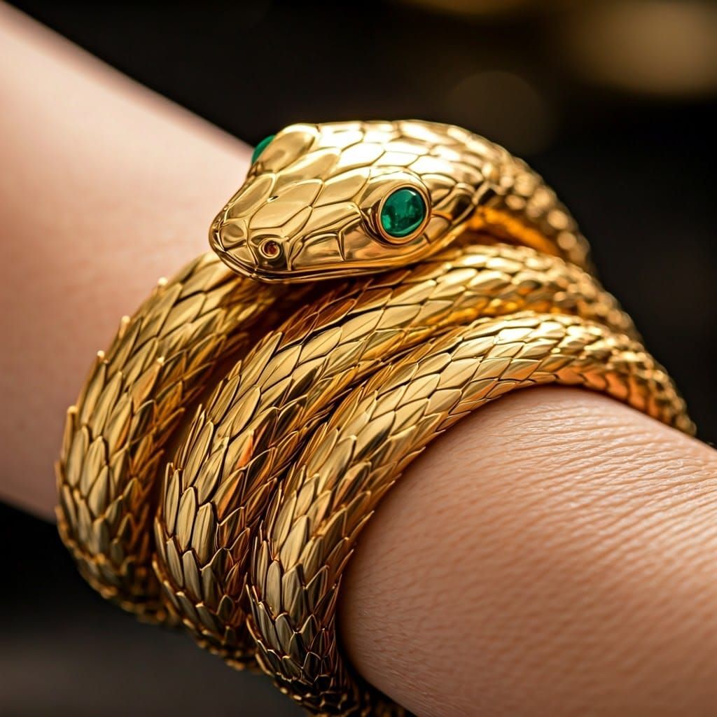 Gold Snake Bracelet with Emerald Eyes in High-End Photograph...