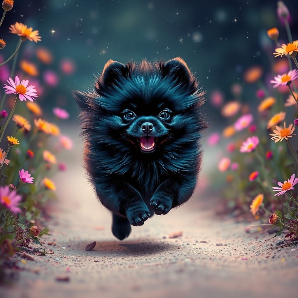 Cosmic Pomeranian Runs Through Vibrant Wildflowers