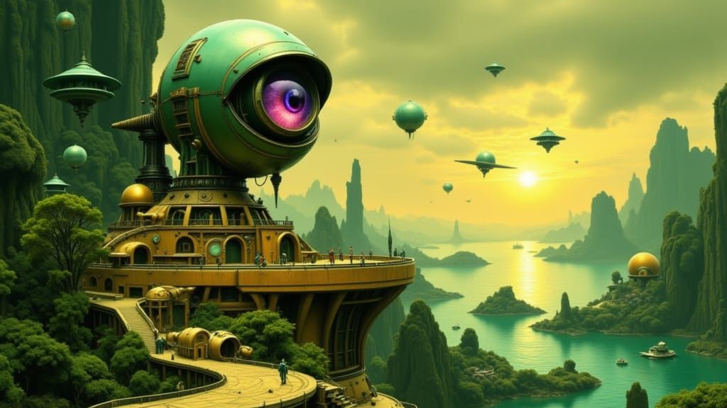 Alien City with Giant Eye Telescope Overlooking Ocean