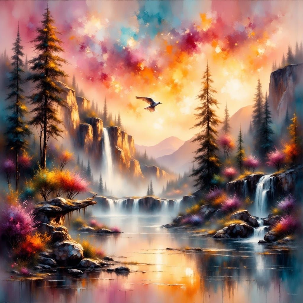 Golden Lake Scene with Rainbow as Impasto Painting