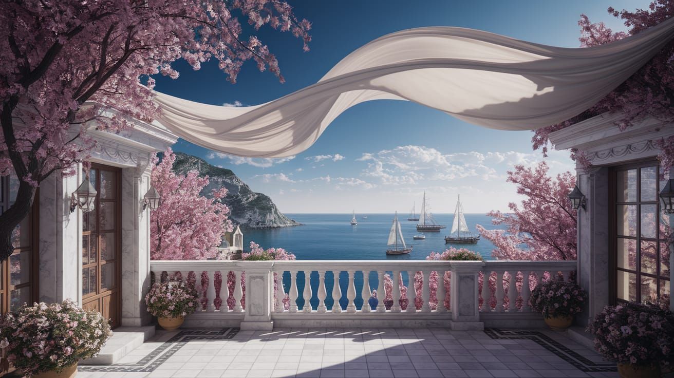 Fantasy Balcony Overlooking High Street and Sea Digital Pain...