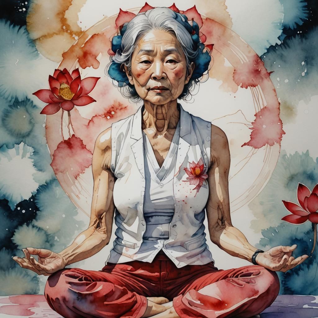 Japanese Woman Meditating in Watercolor Astral Illustration