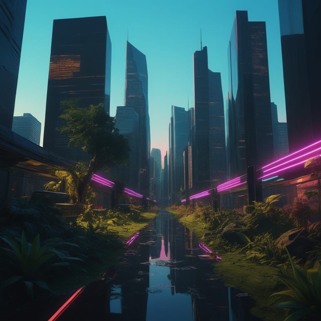 Neon Futuristic Cityscape at Dusk with Glitch Effects