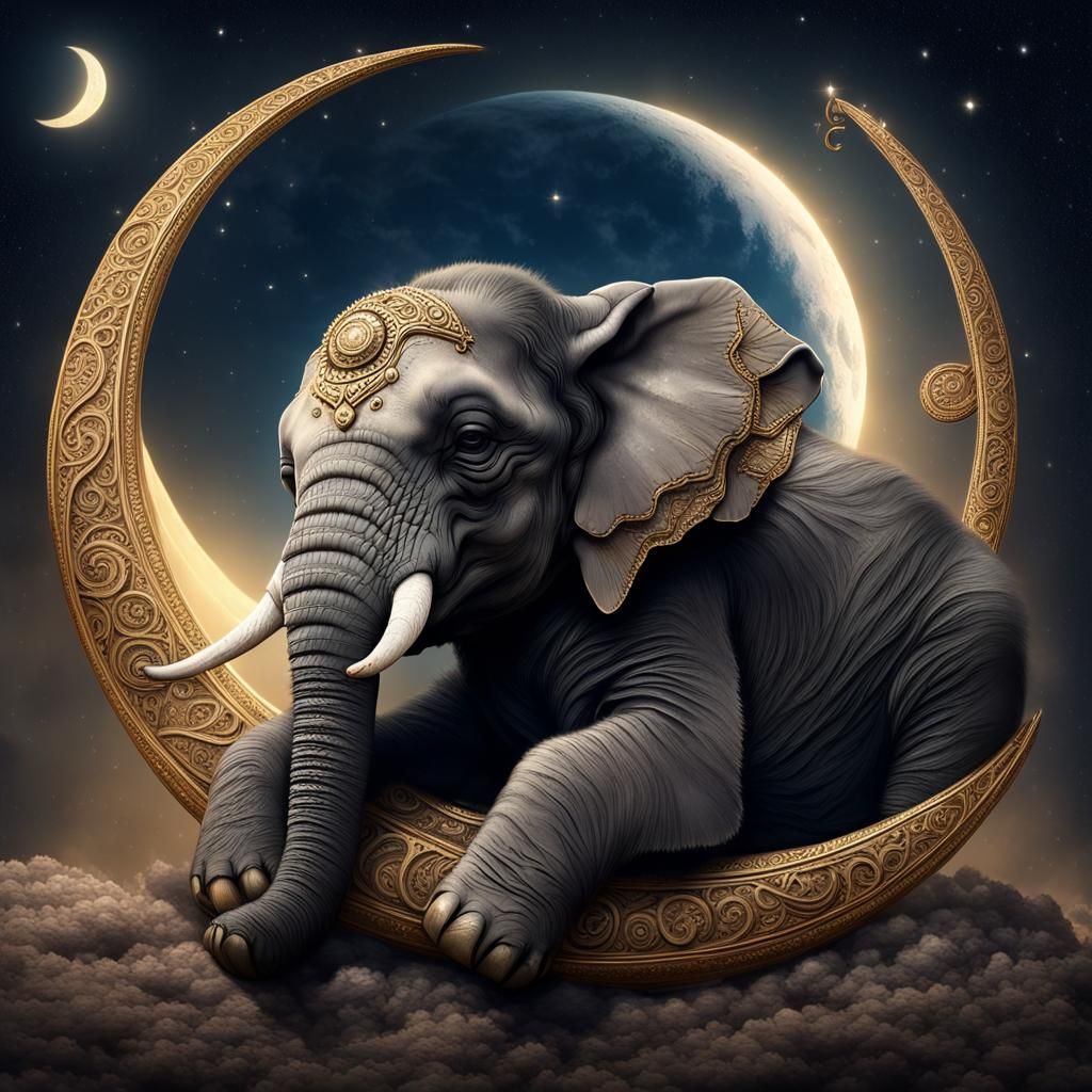 Elephant Calf Dreams on Crescent Moon: Digital Painting