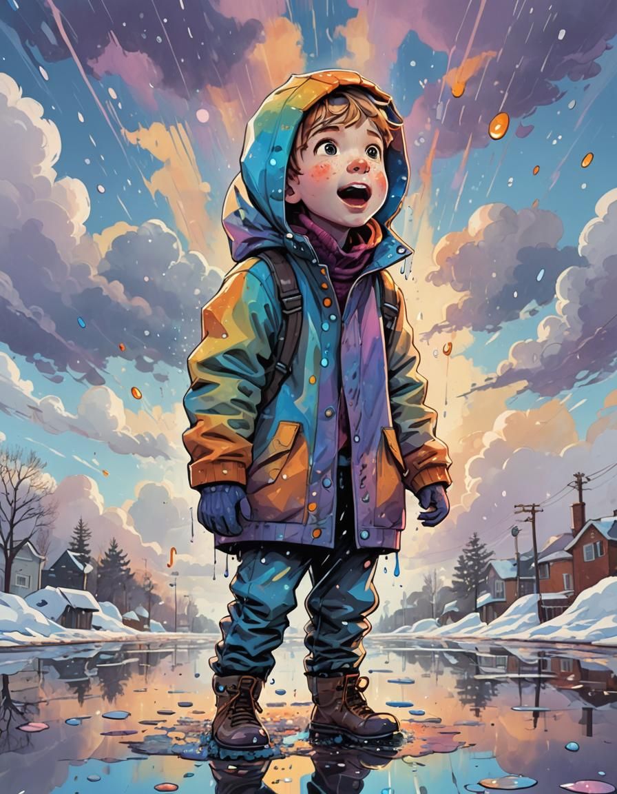 Whimsical Cartoon Boy Drinks Rainbow Raindrops