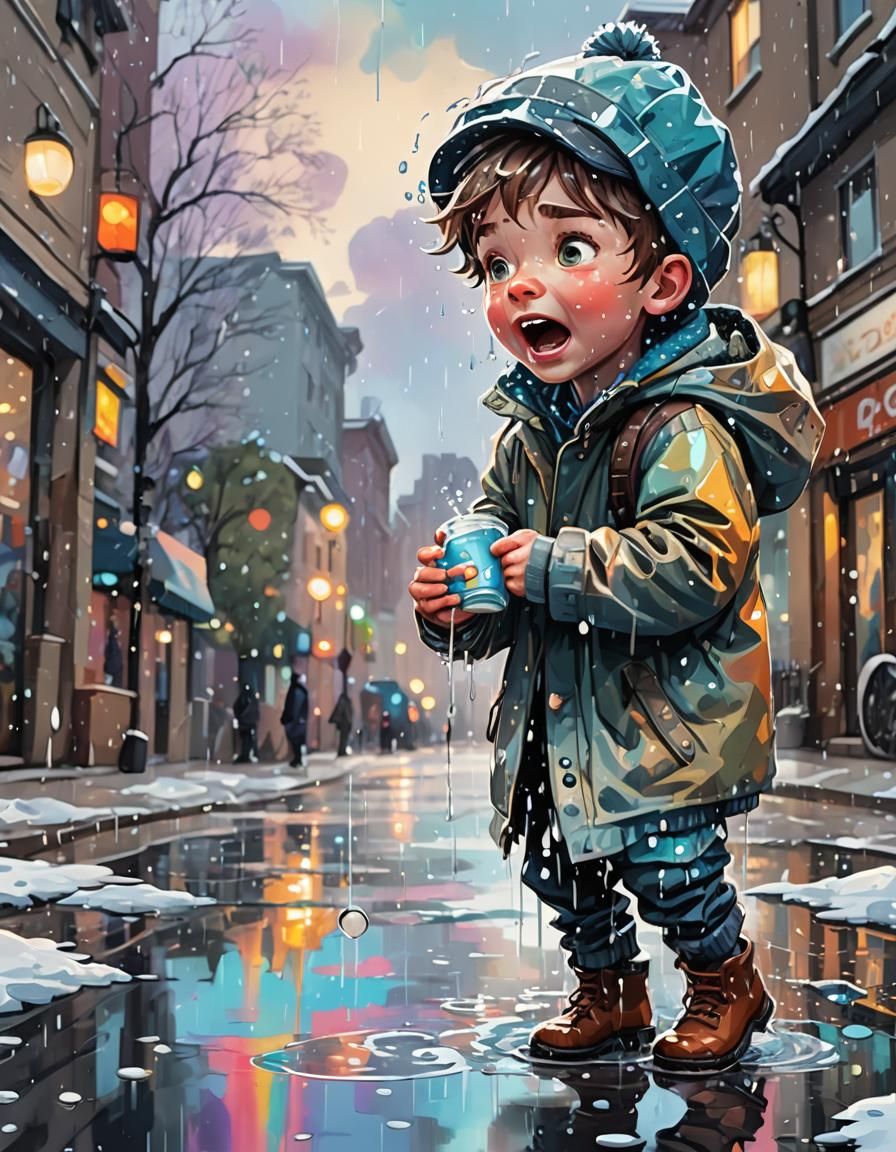 Boy Drinking Raindrops: Whimsical Abstract Cartoon
