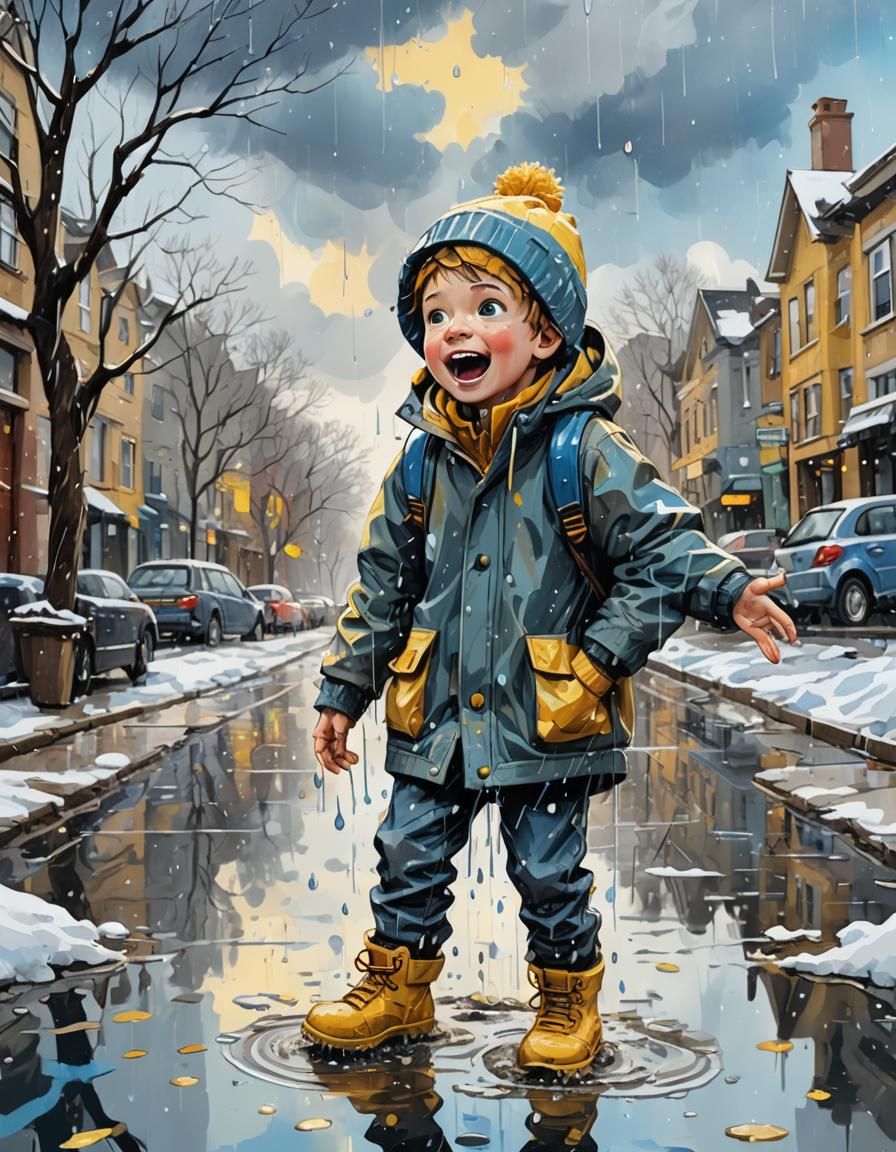Boy Drinks Raindrops: Whimsical Cartoon Art