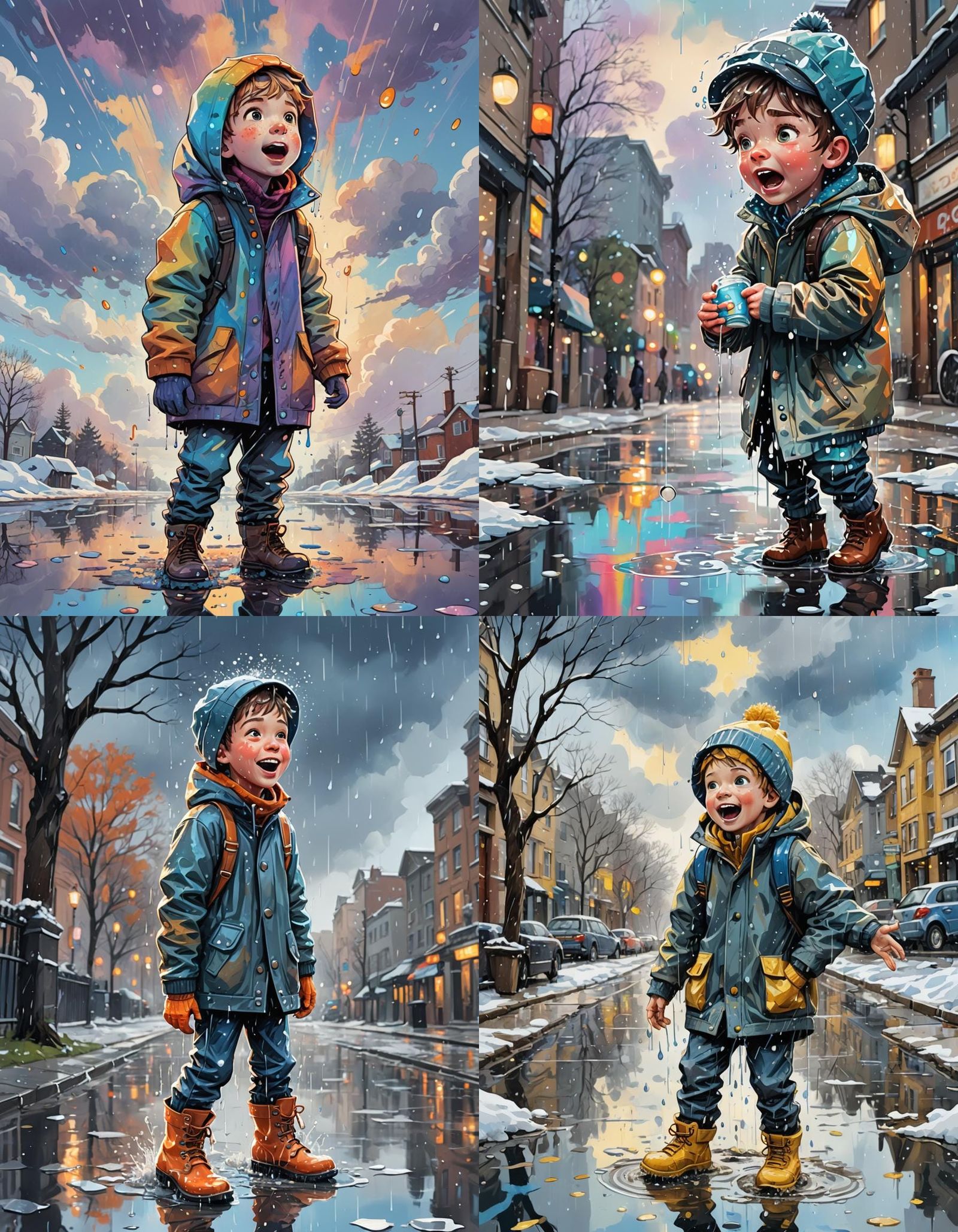 Cartoon Boy Drinks Raindrops on Winter Street