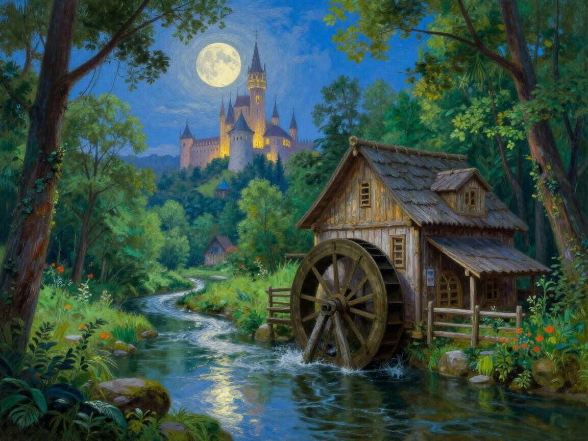 Fantasy Millhouse Landscape with Castle Under Radiant Moon