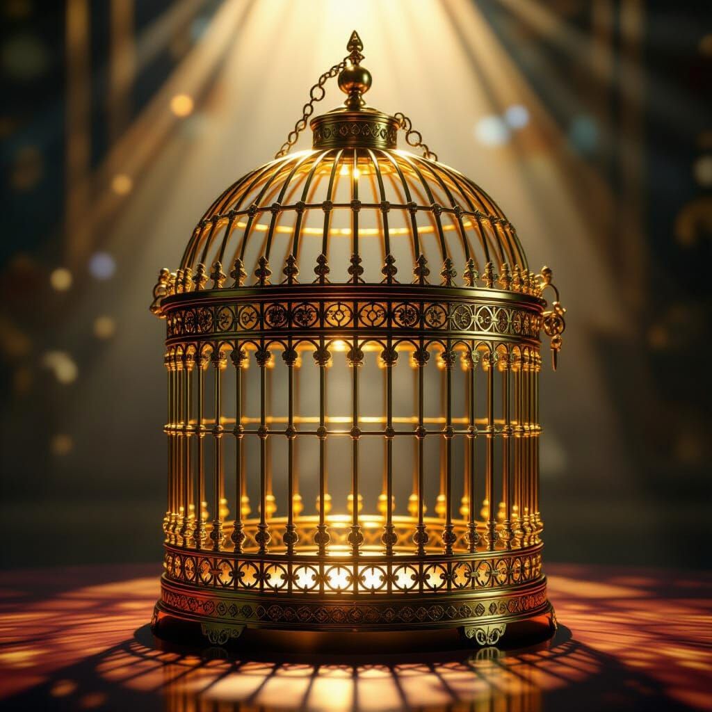 Hyperrealistic Golden Birdcage with Dramatic Lighting