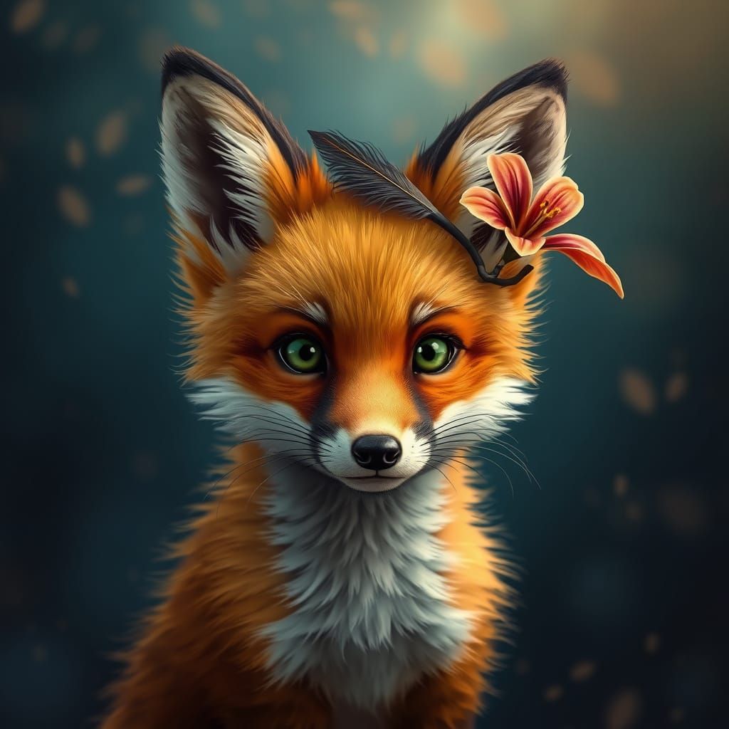 Whimsical Fox Pup in Dreamlike Landscape
