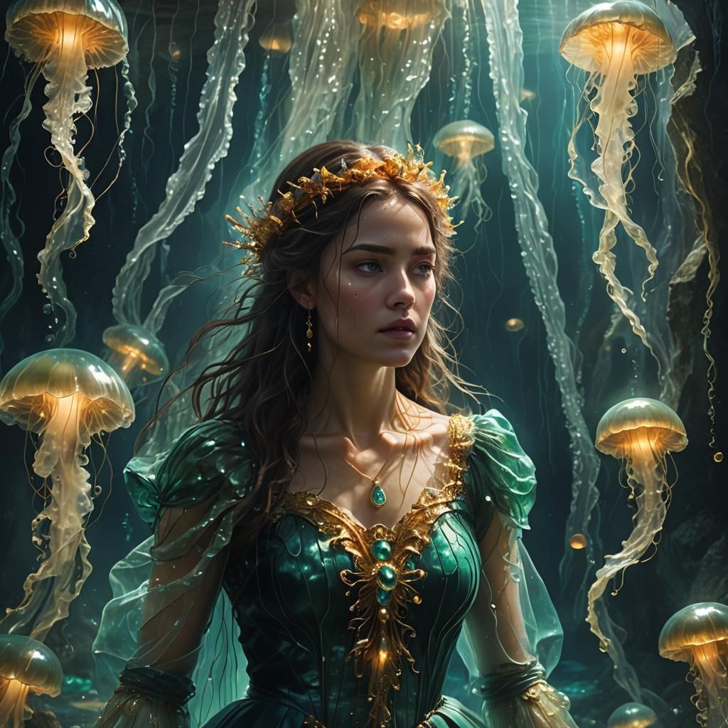 Submerged Maiden with Iridescent Glow in Magic Cavern