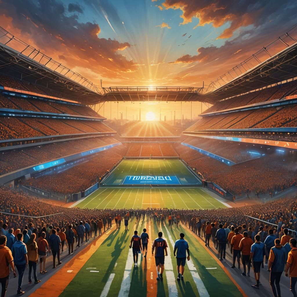 Majestic Football Stadium at Sunset: Fantasy Oil Painting