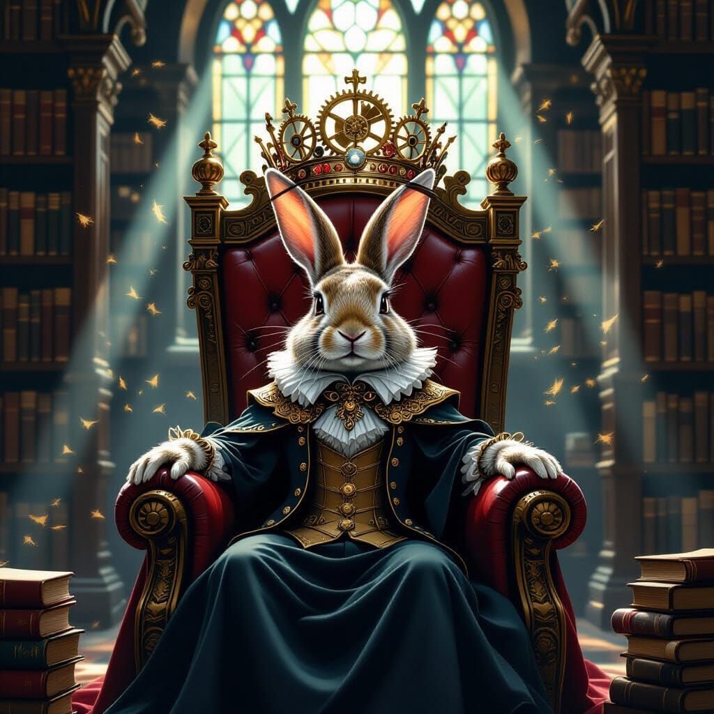 Regal Steampunk Rabbit on Book Throne