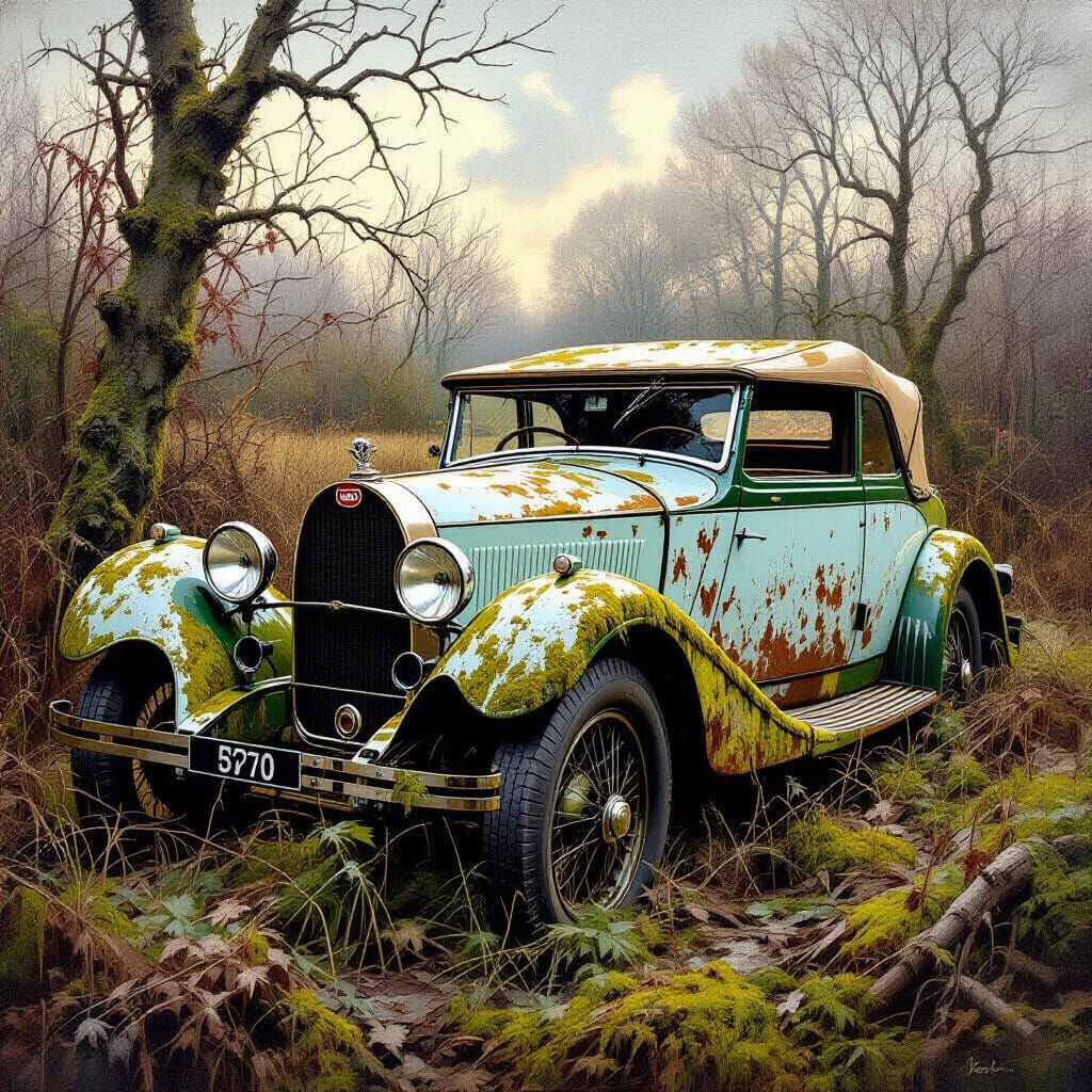 Destroyed Bugatti Tourer in Overgrown Field, Oil Painting St...