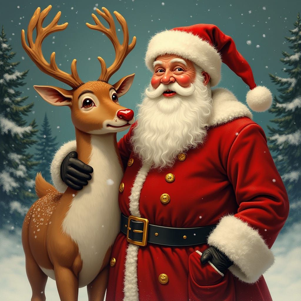 Jolly Santa Claus with Rudolph, a Winter Wonderland Scene