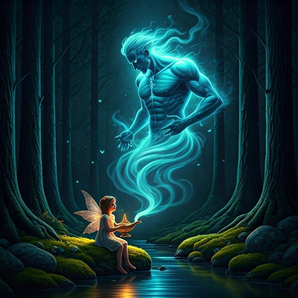 Fairy and Genie in Starry Forest, Dreamlike Art
