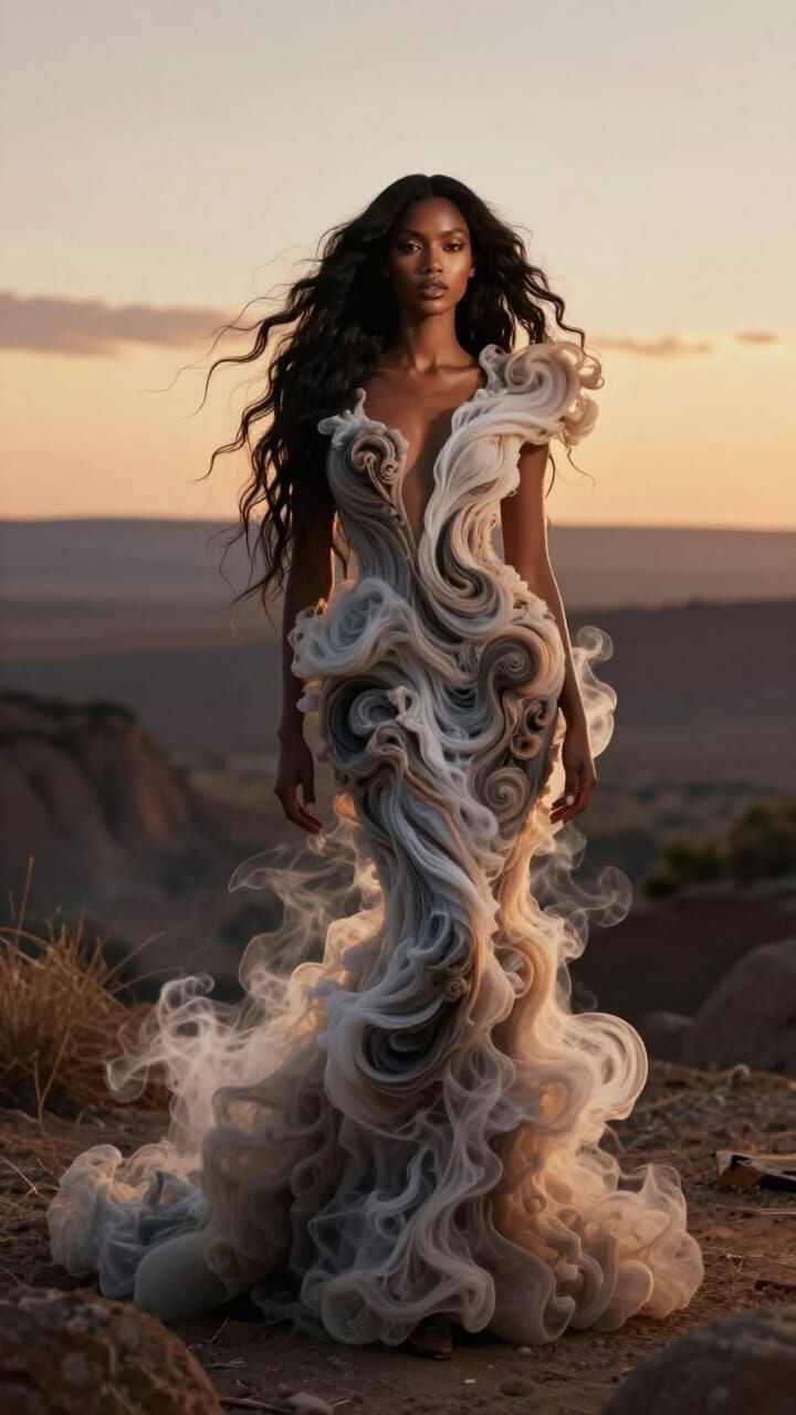 Avant-Garde Fashion Model in Swirling Smoke