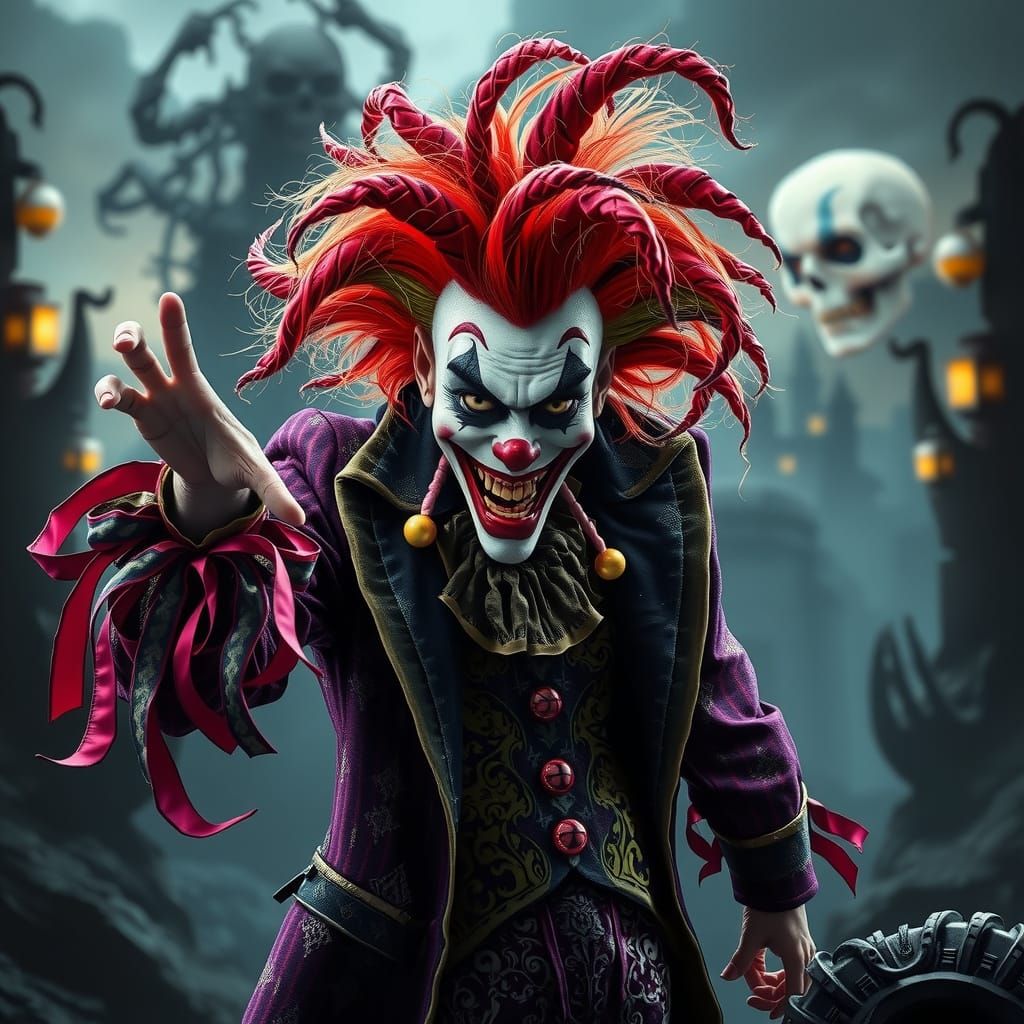 Sinister Clown Villain in Surreal, Biomechanical Landscape