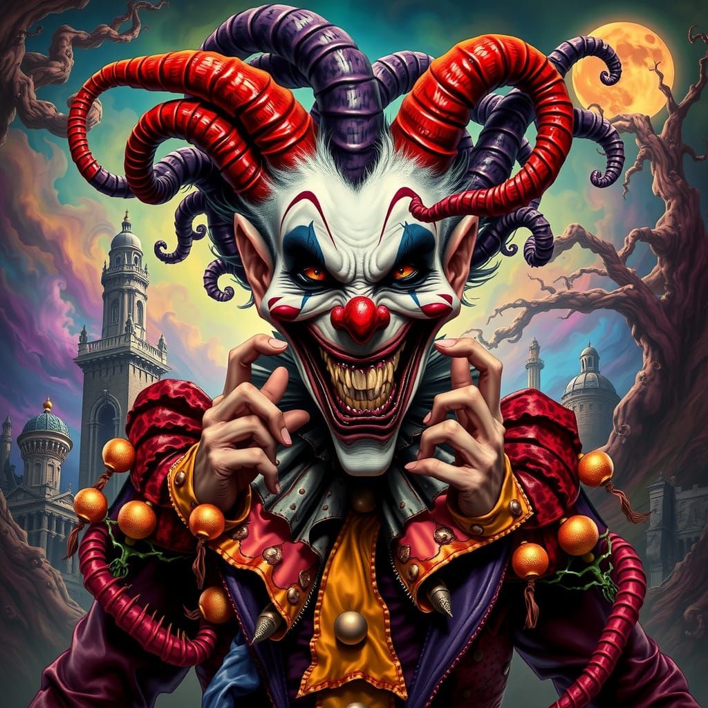 Grotesque Clown Villain in Vibrant, Surreal Landscape
