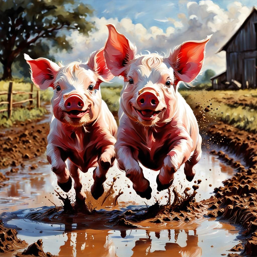 Happy Piglet Jumping in Mud Puddle