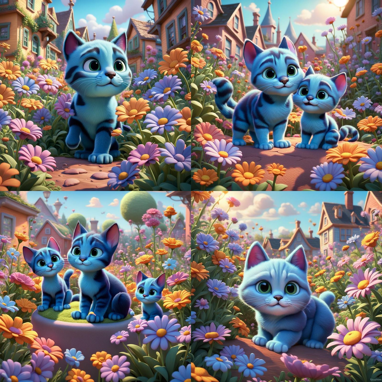 Playful Kittens in Flowers: Pixar-Style 3D Art