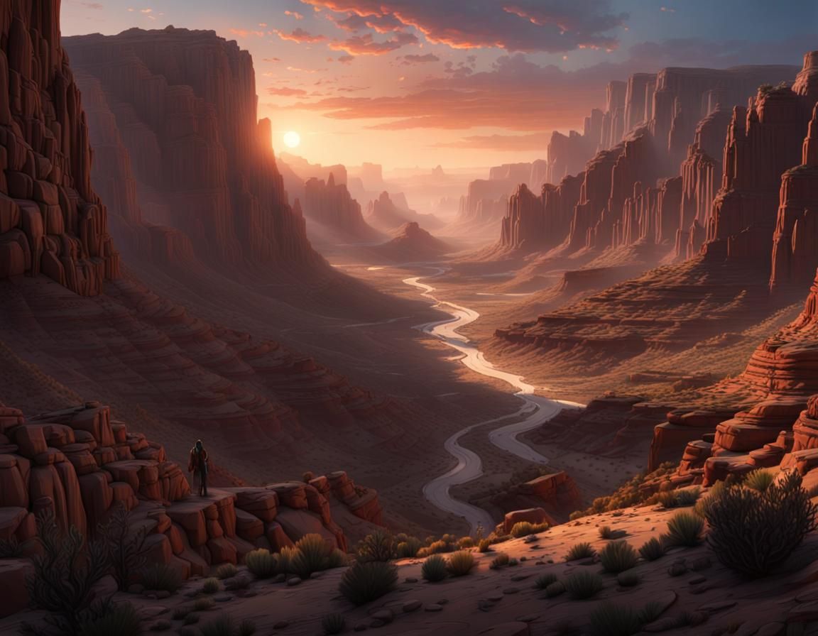 Epic Desert Canyon at Dusk in Dark Fantasy Art