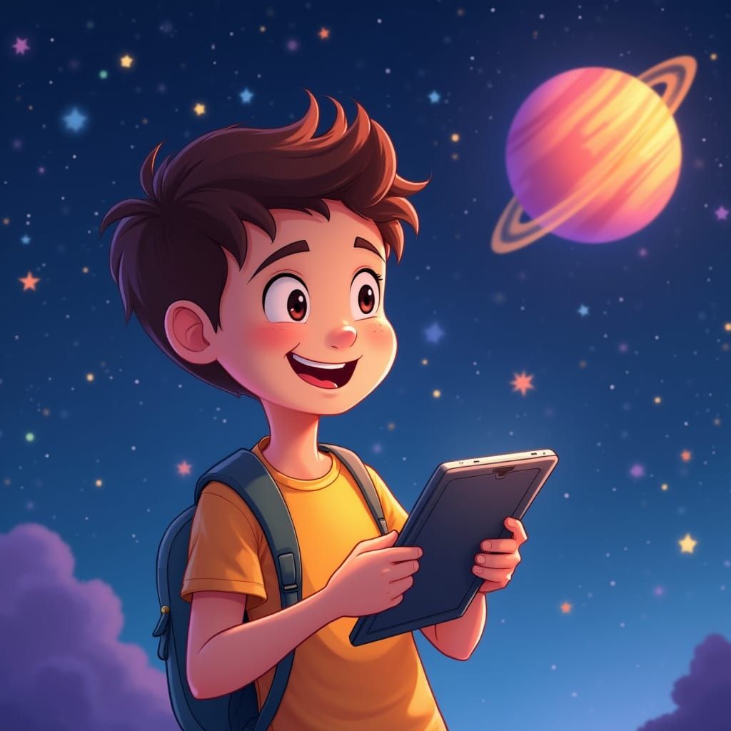 Smiling Teenager with Tablet Amidst Cosmic Scenery