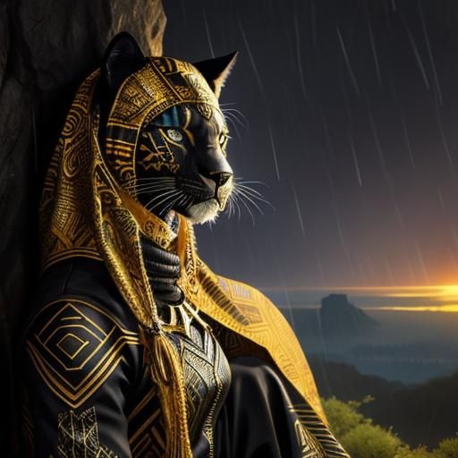 Black Panther in Persian Headdress Overlooking Savanna