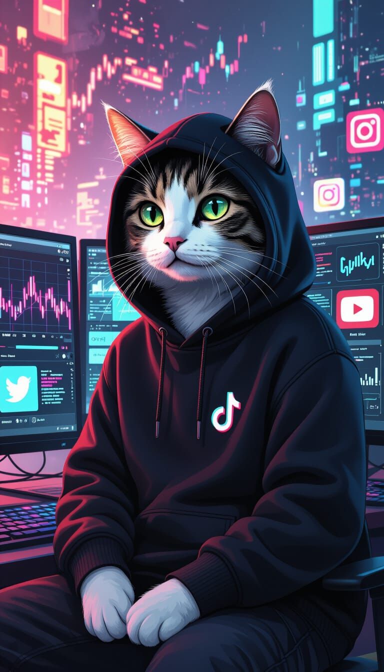 Cat Hacker in Cyberpunk Dystopia with Neon Accents