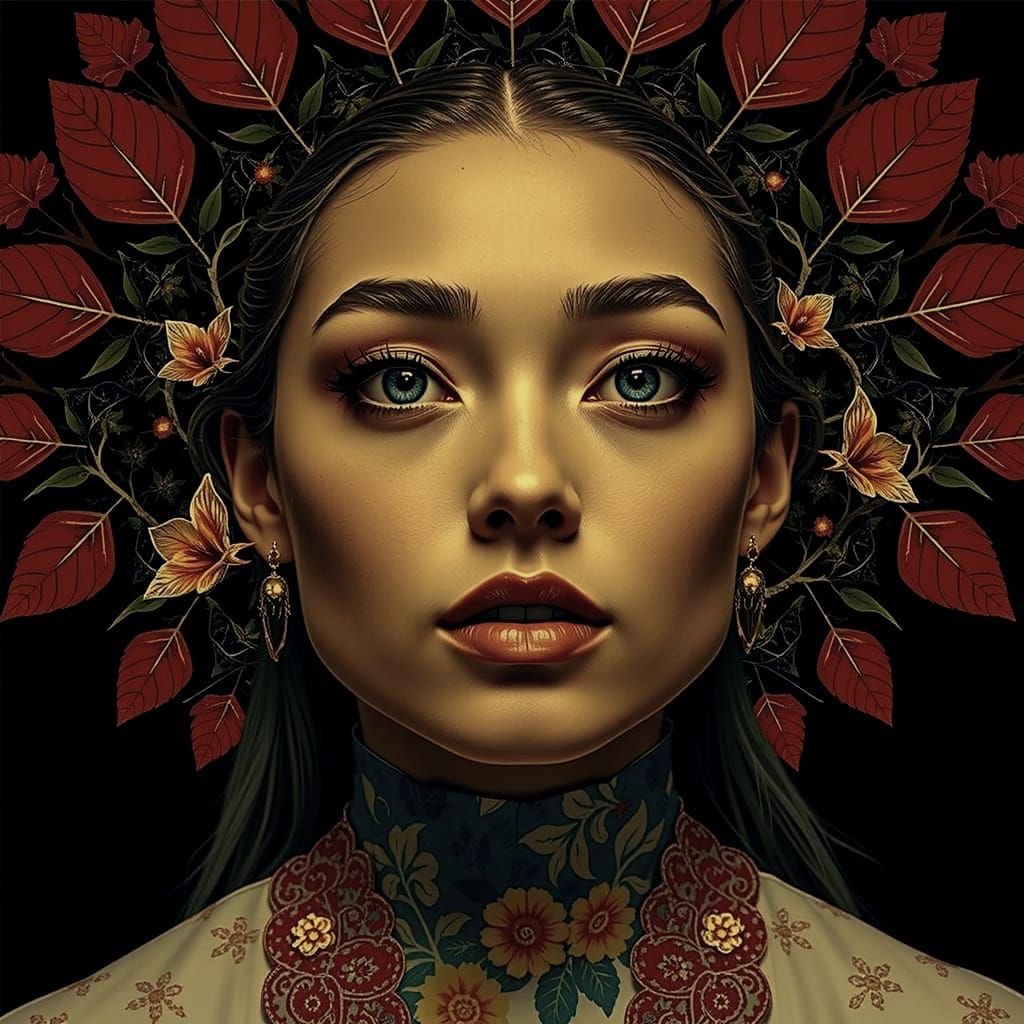 Woman with Teal Hair Amidst Green Leaves and Blue Sky