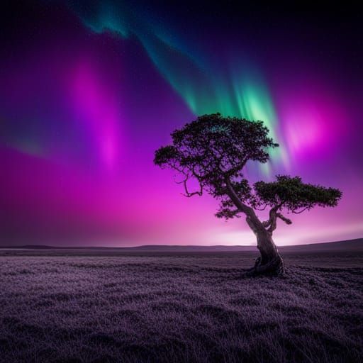 Wakanda's Plains: Aurora Borealis and Ancient Tree
