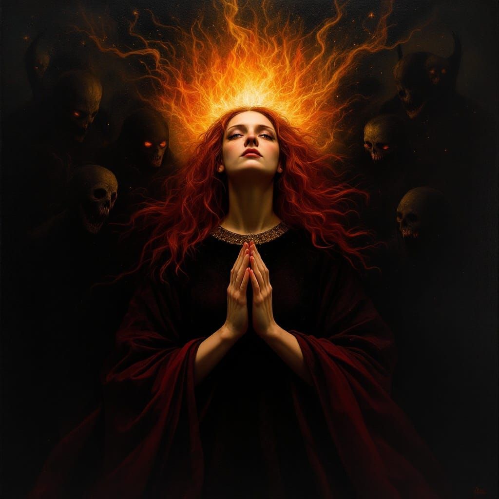 Saint Mary Margaret in Fiery Resolve Against Dark Silhouette...