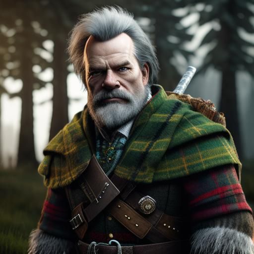 Highlander and Saint Bernard in Snowy Highlands