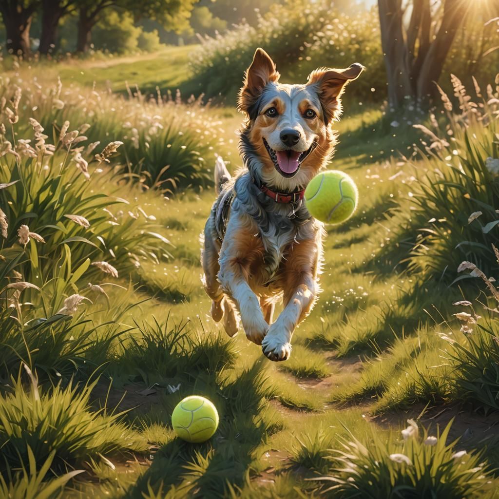 Happy Dog Running in Lush Meadow, Fantasy Art