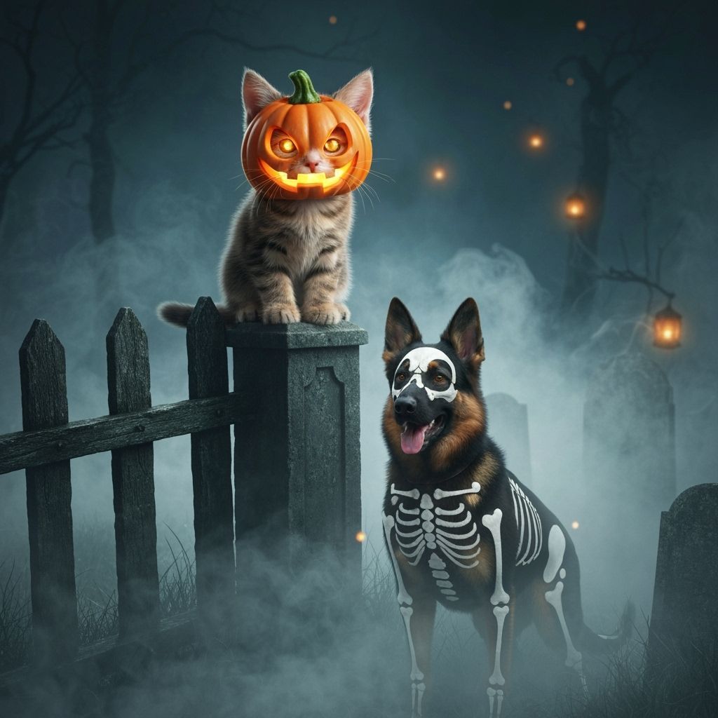 Kitten and Dog in Haunted Graveyard Halloween Scene