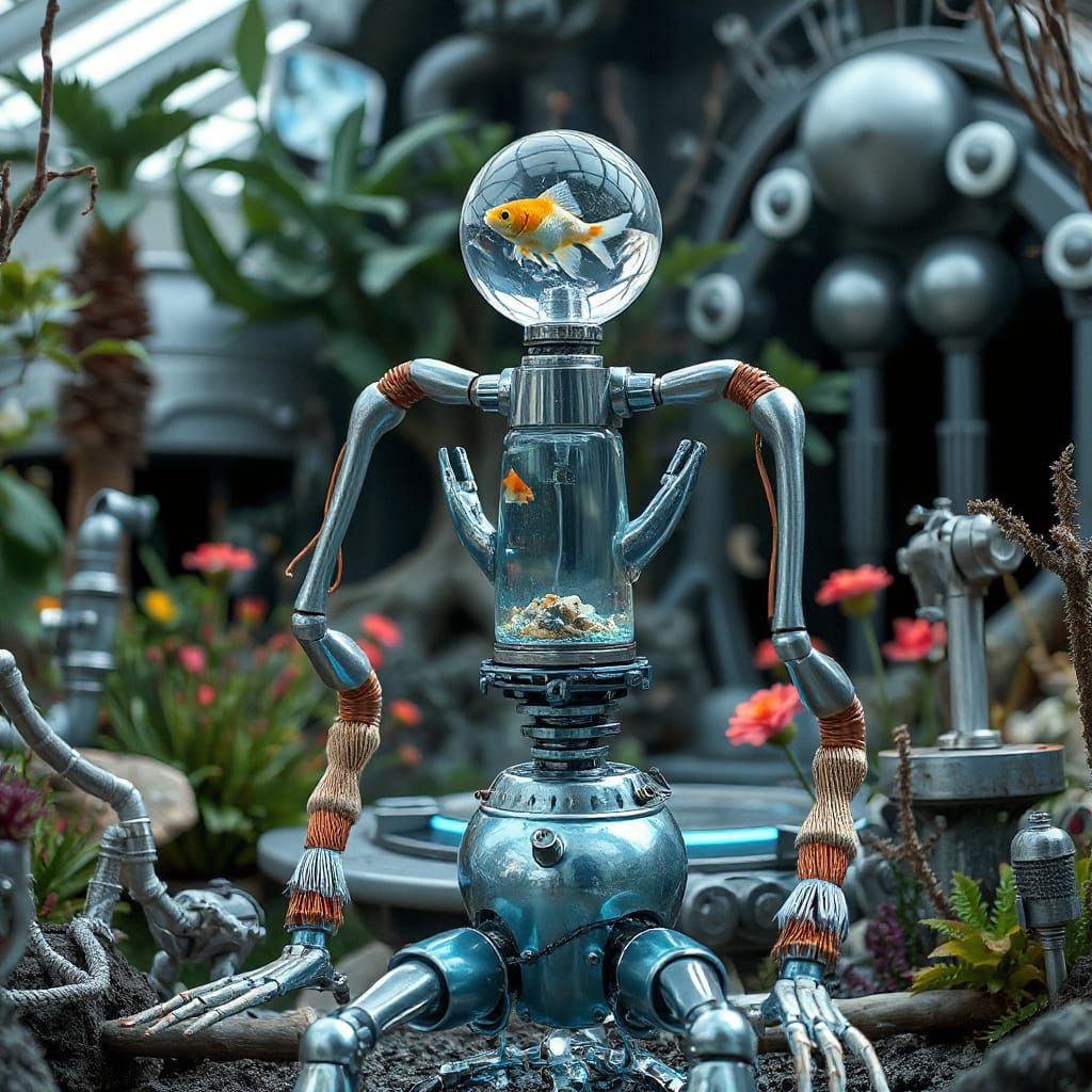 Futuristic Robot with Aquatic Head in Ethereal Garden