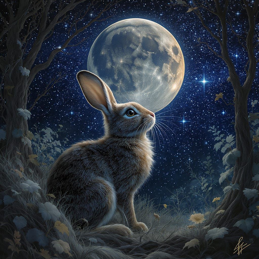 Hyperrealistic Rabbit Gazes at Moonlit Sky