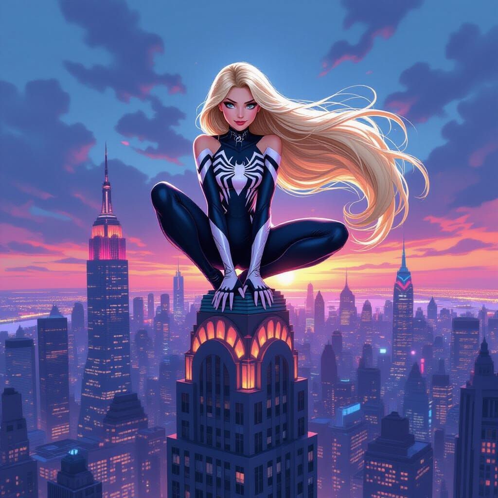 Rapunzel as Spider-Gwen Over New York City