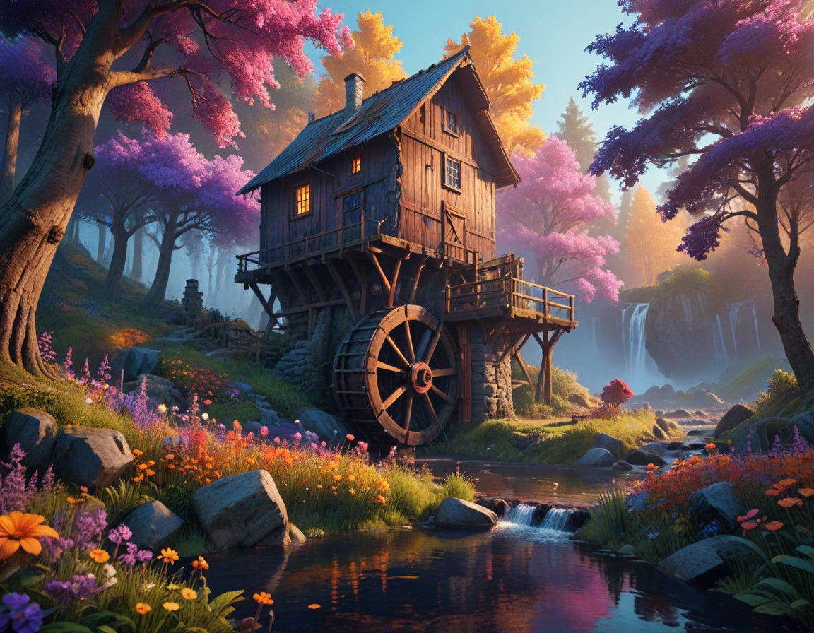 Whimsical Water Mill in Mystical Forest