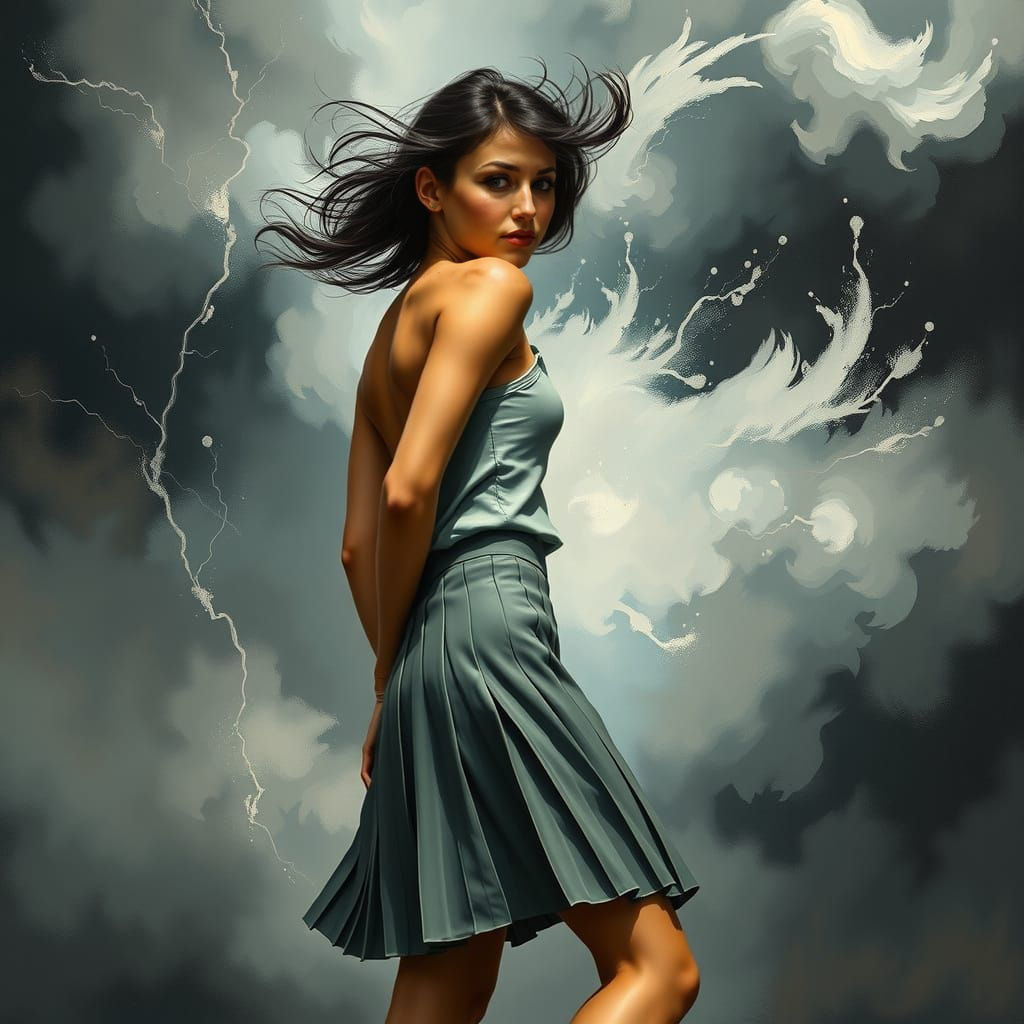 Elegant Woman Standing in Tornadic Winds with a Shy Glance
