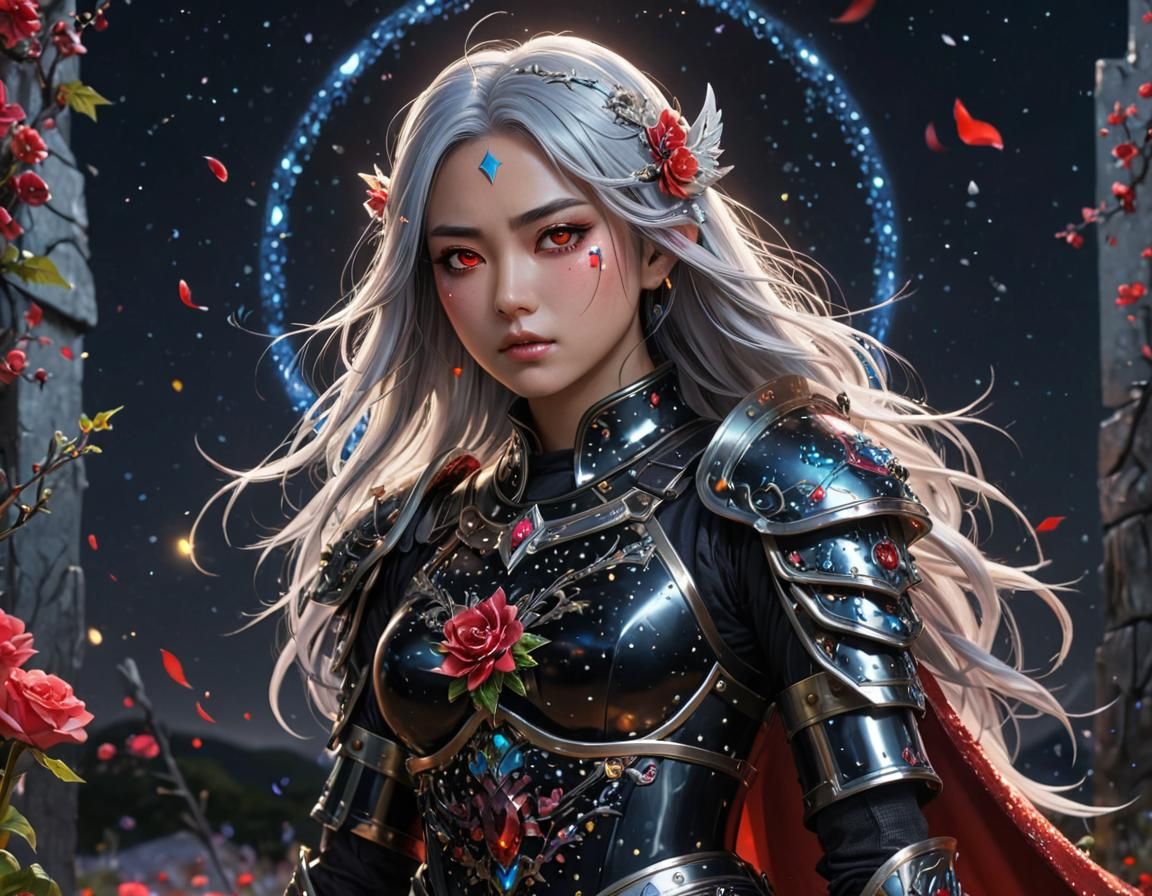 Warrior Girl with Mount Fuji in Anime Style