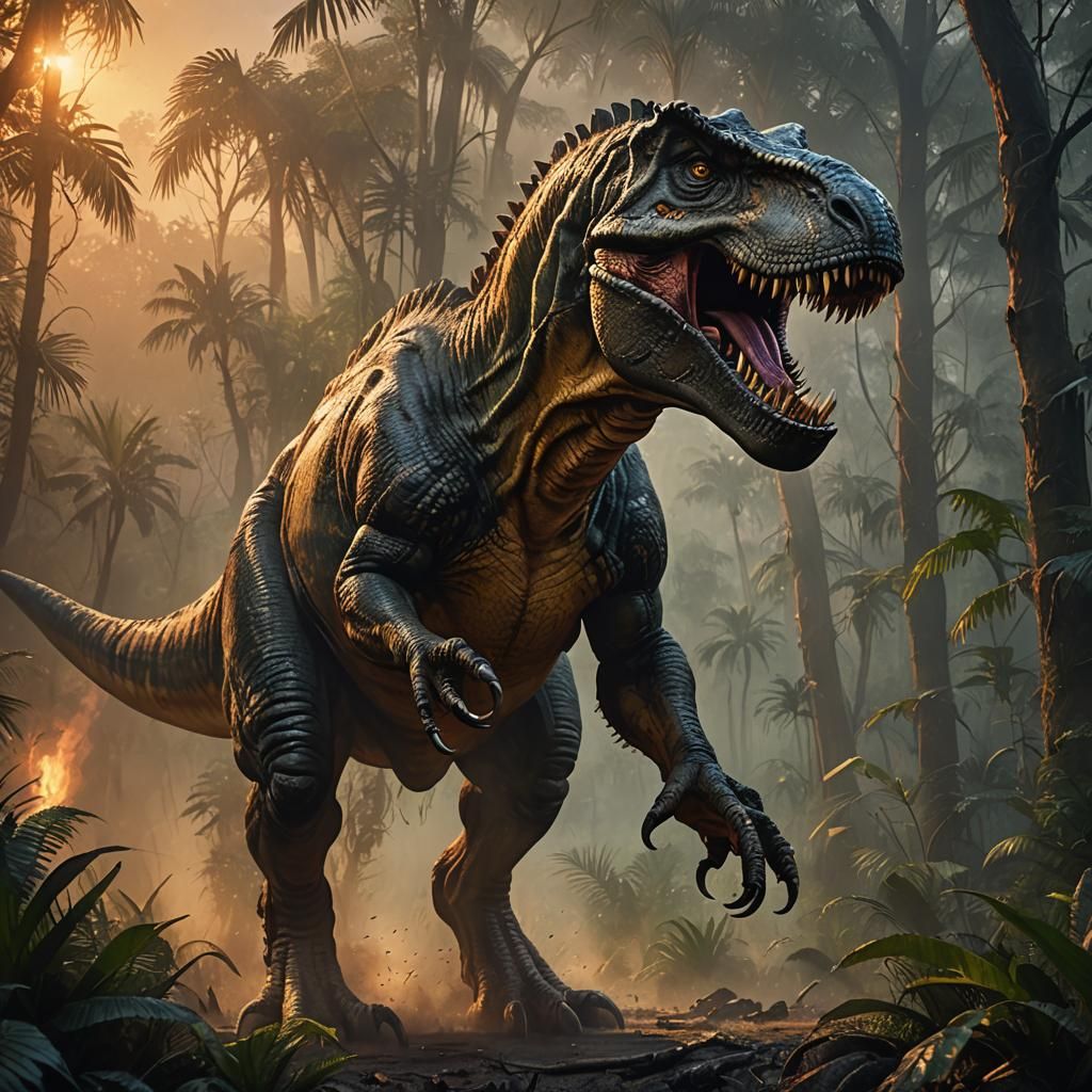 Roaring T-Rex in Misty Jungle, Oil Painting Style
